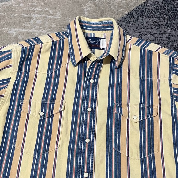 Wrangler X-Long Tail Shirt Men 16-35 Yellow Blue Striped Good Western Pearl Snap - Picture 2 of 12